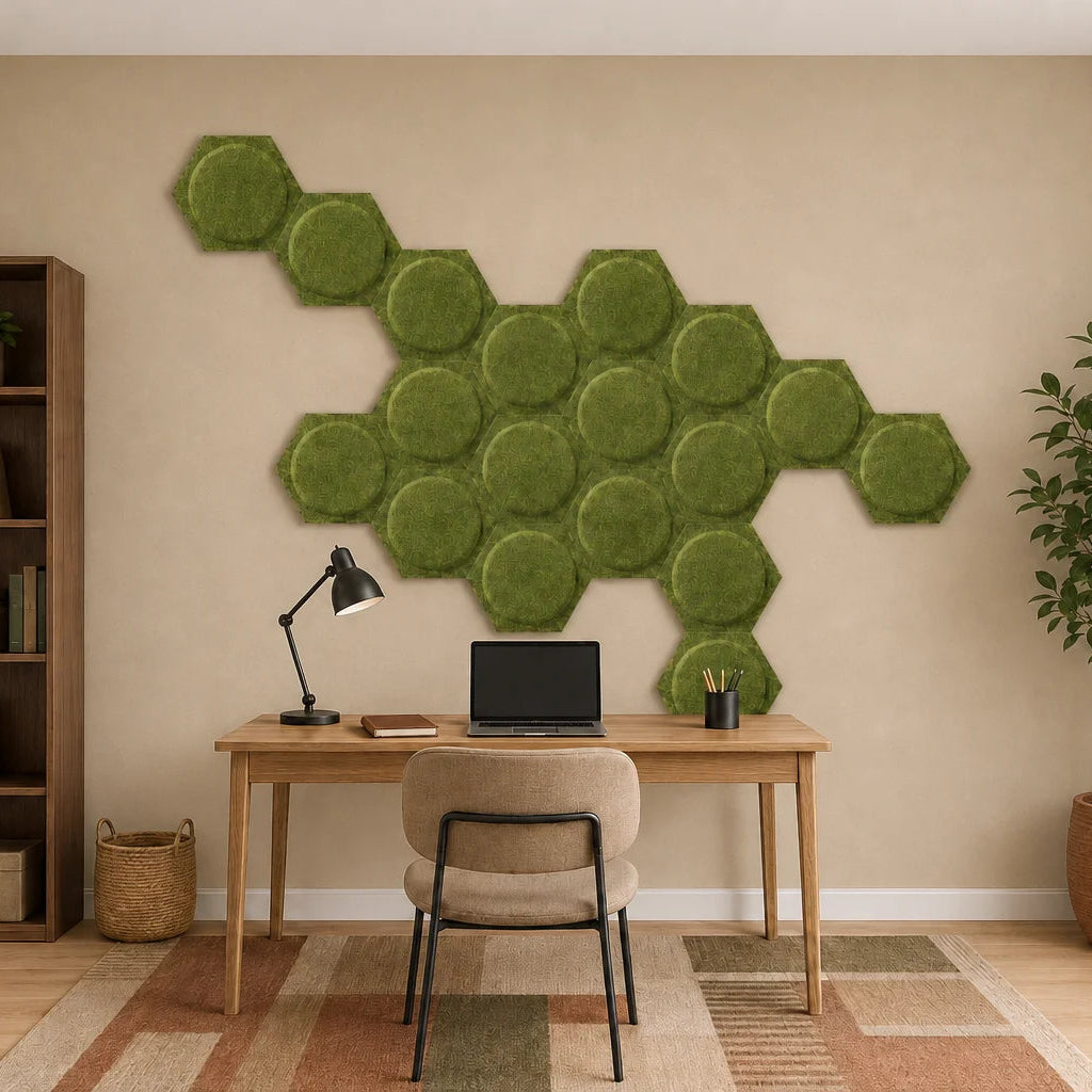 Olive hexagonal 3D felt acoustic panels arranged in an irregular pattern above a wooden home office desk