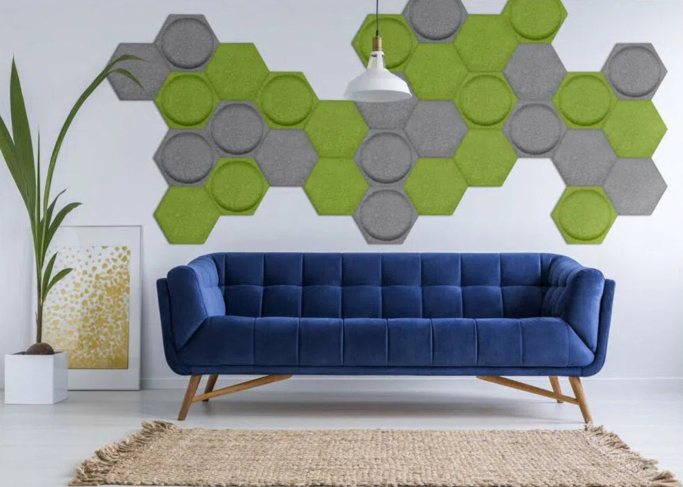 HEXA BOLD 2 Acoustic 3D Felt Wall Panels in living room interior GREY Multipack Decormania UK
