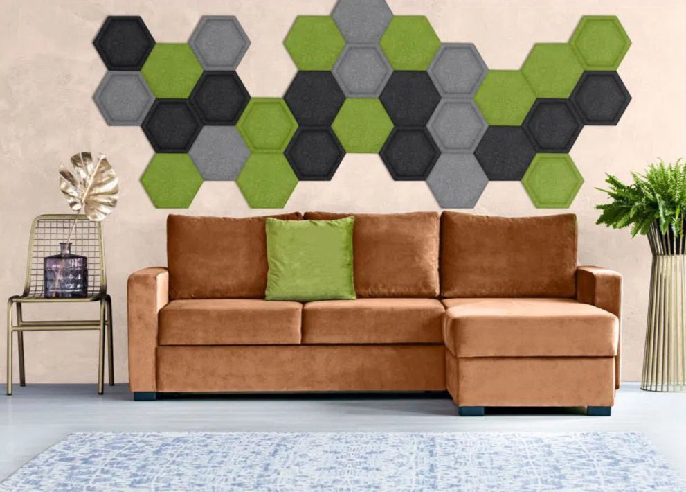 HEXA BOLD 3D Acoustic Felt Wall Panels in living room interior BLACK Multipack Decormania UK