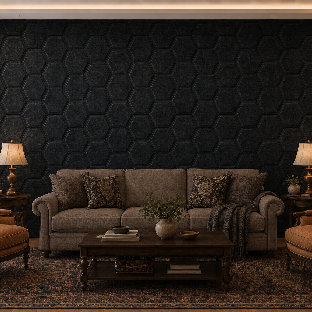 Elegant living room with black HEXA BOLD 3D acoustic felt wall panels, a classic sofa, two armchairs and warm ambient lighting