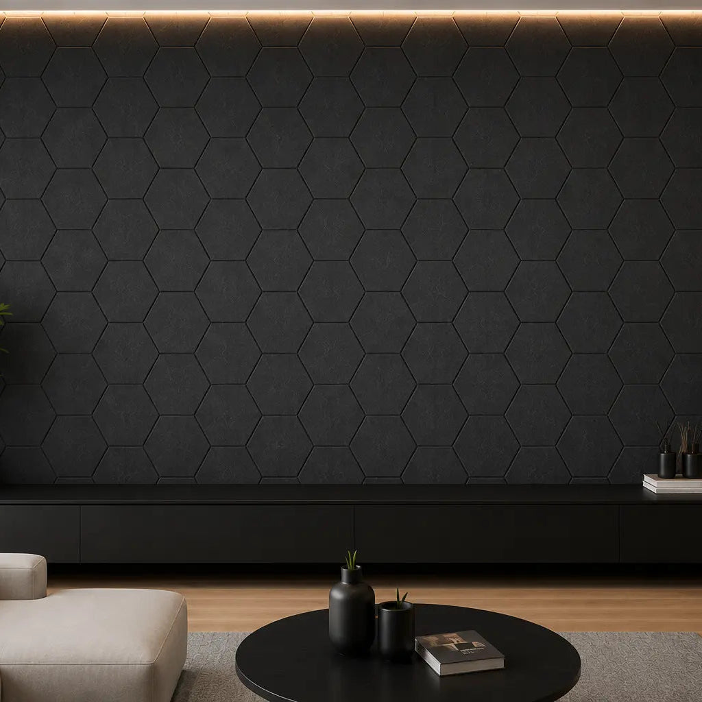 Front view of a modern living room featuring black HEXA 3D PET felt wall panels in a geometric honeycomb pattern