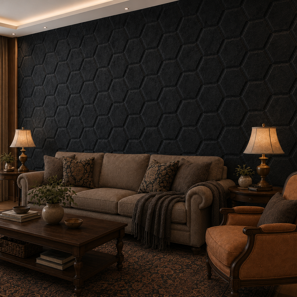 Black HEXA BOLD 3D acoustic felt panels in an elegant living room, shown from a 45-degree angle with classic furniture and warm lighting