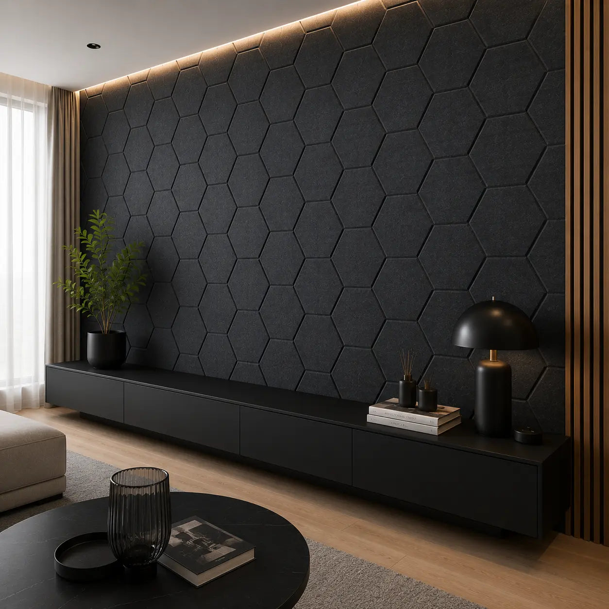 Black HEXA 3D PET felt wall panels covering a modern living room feature wall with a low cabinet, plant and decorative lighting