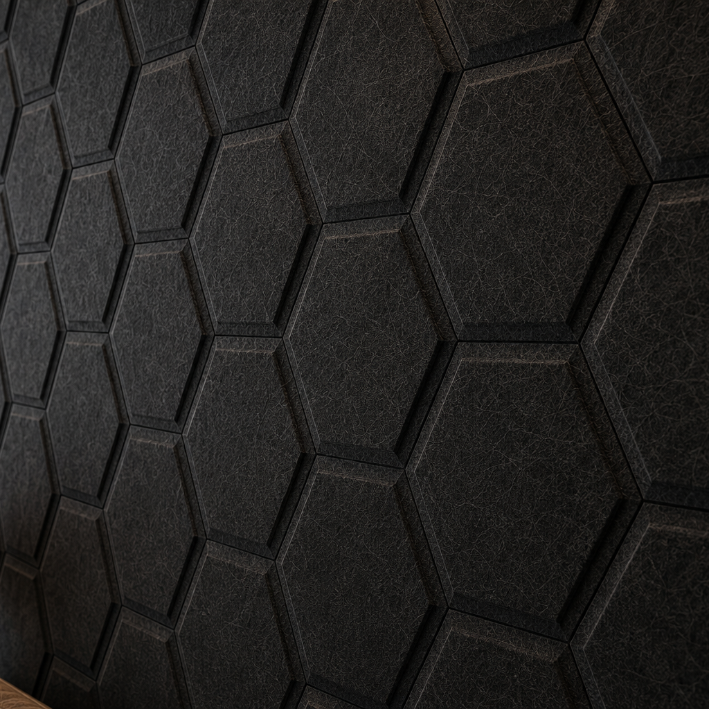 Close-up of black HEXA BOLD 3D acoustic felt wall panels, highlighting their hexagonal relief, precise joints and detailed fibrous texture