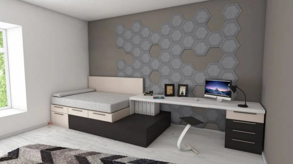 HEXA BOLD 3D Acoustic Felt Wall Panels in bedroom interior GREY Multipack Decormania UK