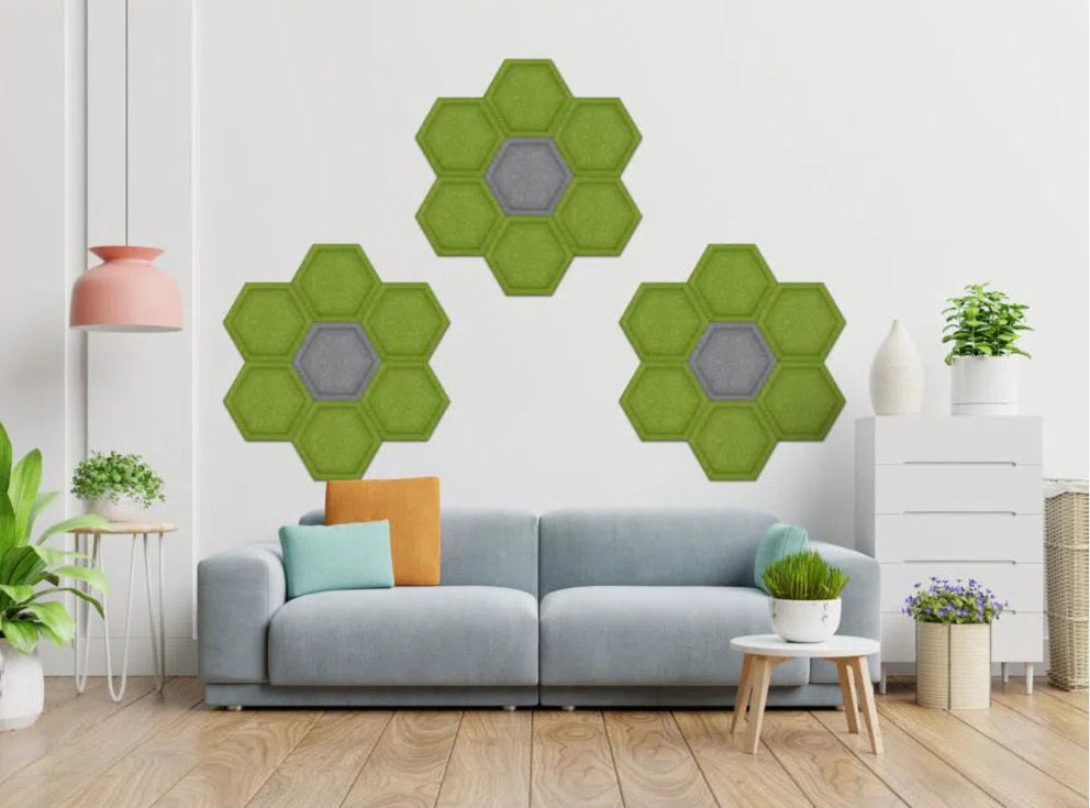 HEXA BOLD 3D Acoustic Felt Wall Panels in living oom interior GREY Multipack Decormania UK