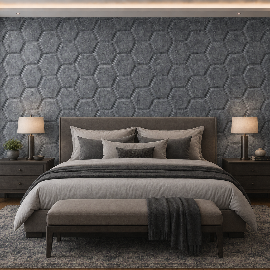 Elegant bedroom with grey HEXA BOLD 3D acoustic felt wall panels, a large upholstered bed and warm symmetrical lighting