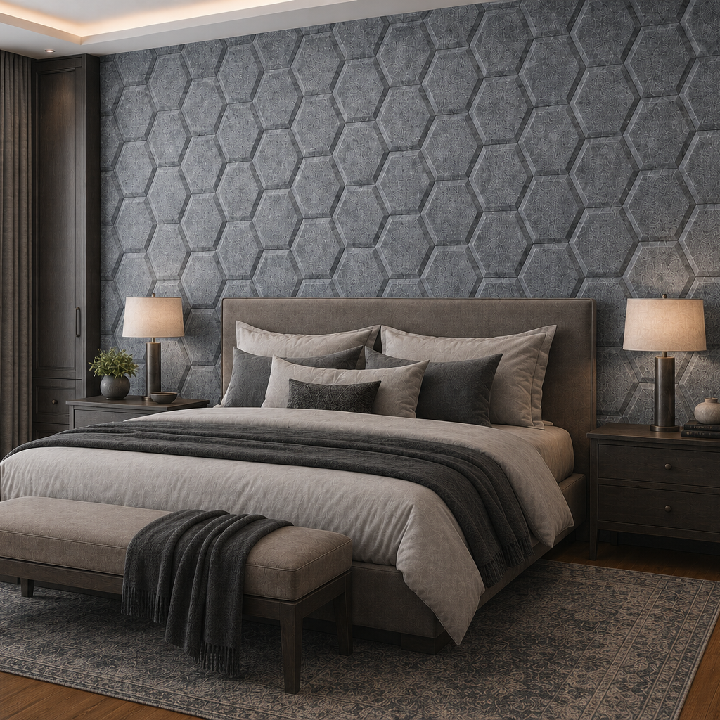 Grey HEXA BOLD 3D acoustic felt panels in an elegant bedroom, shown from a 45-degree angle with coordinated furnishings and warm lighting
