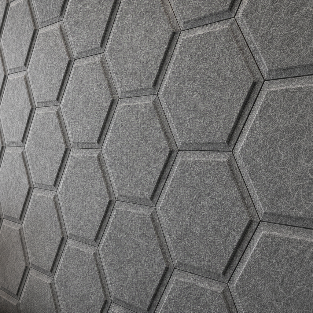 Close-up of grey HEXA BOLD 3D acoustic felt wall panels, highlighting their geometric relief, precise joints and fibrous surface texture