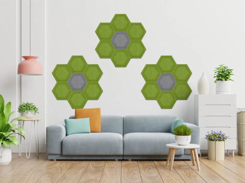 HEXA BOLD 3D Acoustic Felt Wall Panels in living room interior OLIVE Multipack Decormania UK