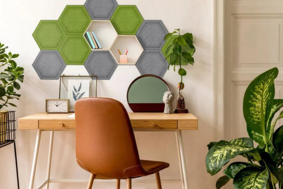 HEXA BOLD 3D Acoustic Felt Wall Panels in office interior OLIVE Multipack Decormania UK