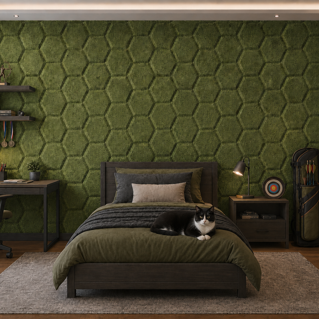 HEXA BOLD 3D acoustic felt wall panels, archery-themed décor and a black-and-white cat resting on the bed.