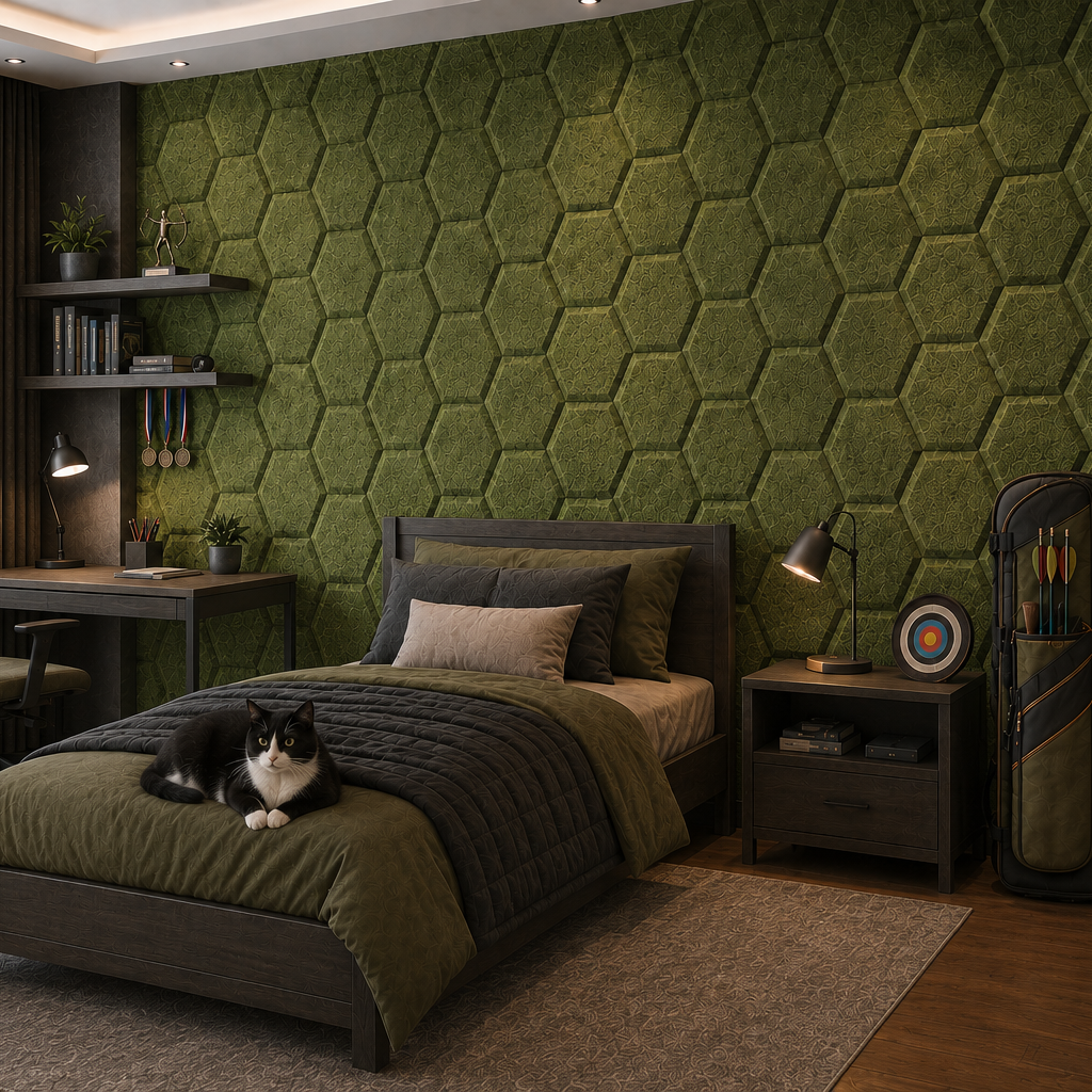 Olive HEXA BOLD 3D acoustic felt panels in a teenager’s archery-themed bedroom, shown from a 45-degree angle with a black-and-white cat on the bed