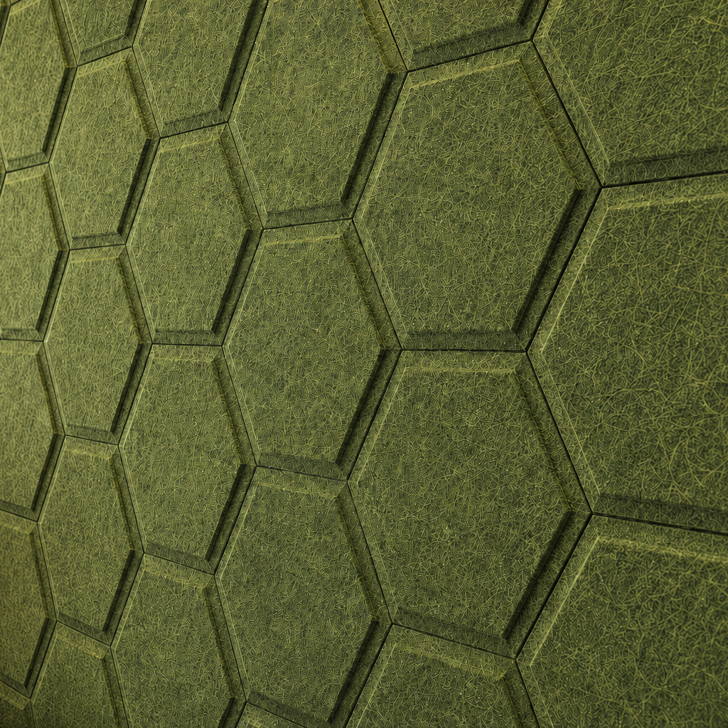 Close-up of olive HEXA BOLD 3D acoustic felt wall panels, showing their raised centres, flat outer edges, seamless joints and detailed felt texture
