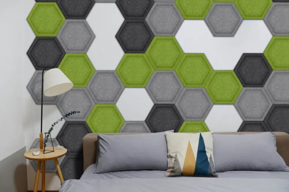 HEXA BOLD Acoustic 3D Felt Wall Panels in bedroom interior OLIVE Multipack Decormania UK