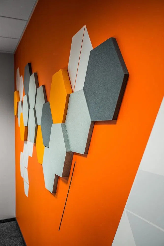 HEXA M Soft Acoustic Wall Panel on orange wall 3D Wall Panels | DecorMania UK
