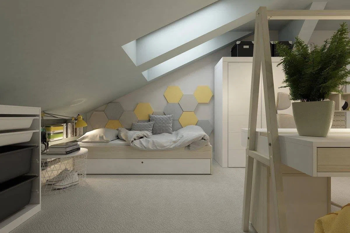 HEXA M 3D Soft Acoustic Wall Panels in bedroom interior | DecorMania UK