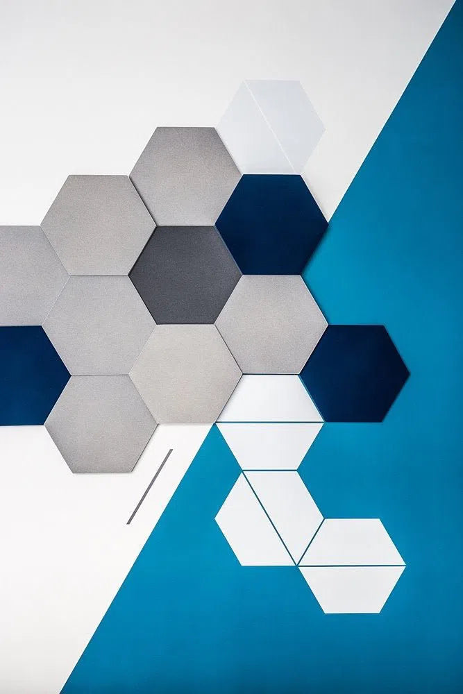 HEXA M 3D Soft Acoustic Wall Panels grey and navy composition | DecorMania UK