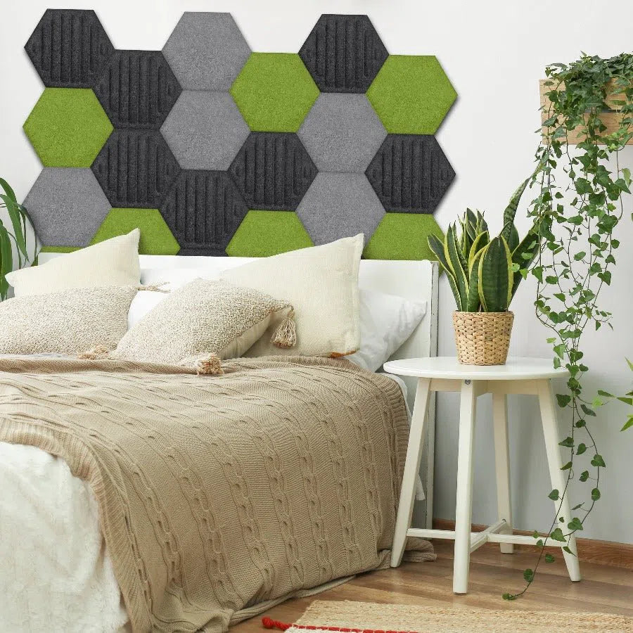 HEXA RIFT 3D Acoustic Felt Wall Panels in bedroom interior BLACK Multipack Decormania UK