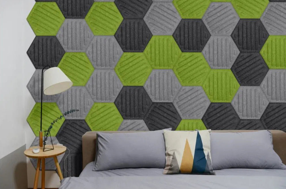 HEXA RIFT 3D Acoustic Felt Wall Panels in bedroom interior BLACK Multipack Decormania UK