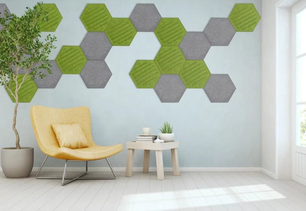 HEXA RIFT 3D Acoustic Felt Wall Panels in sunny interior GREY Multipack Decormania UK