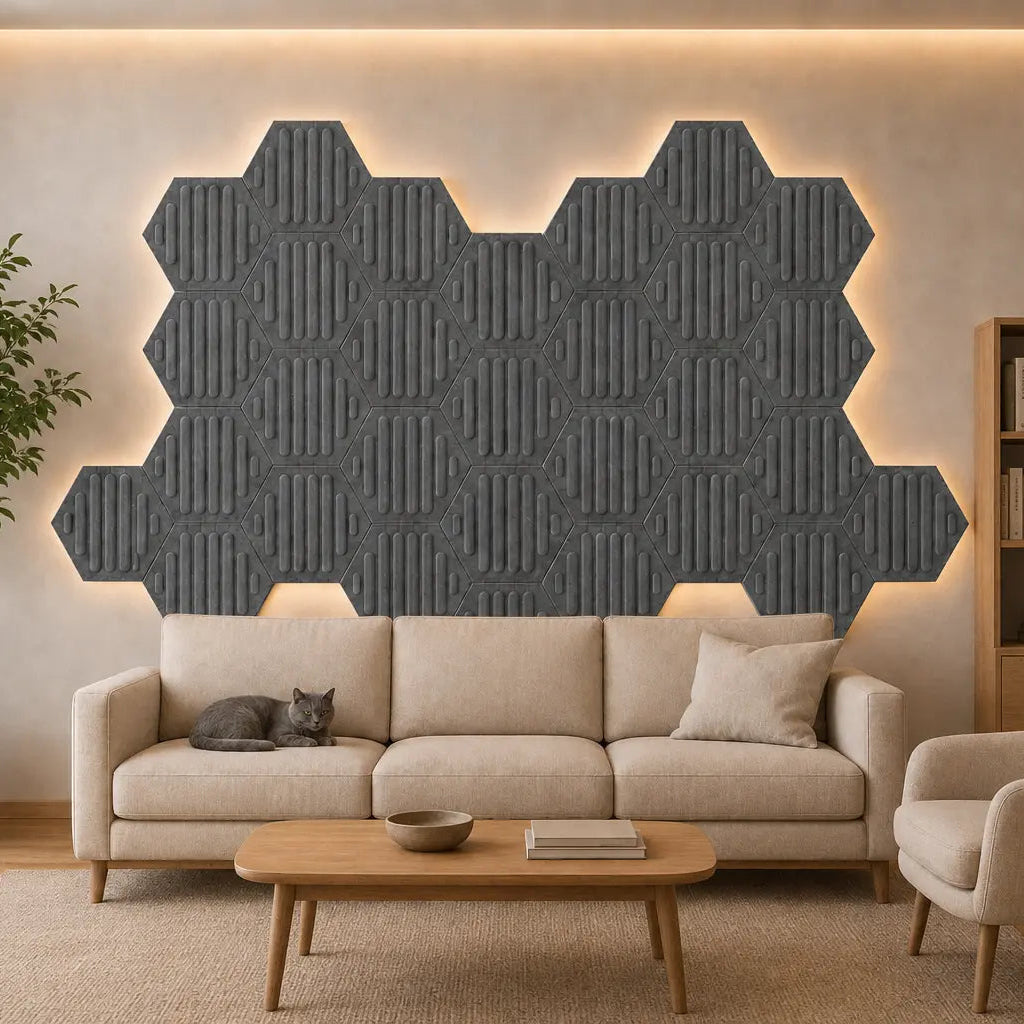 Grey HEXA RIFT 3D acoustic felt wall panels arranged above a sofa in a modern living room
