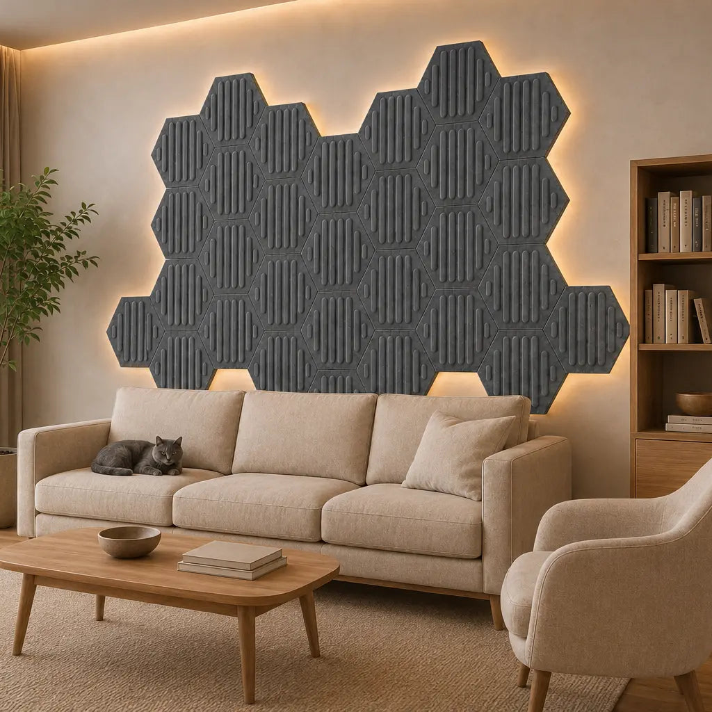 Grey HEXA RIFT 3D acoustic felt wall panels shown from a 45-degree angle in a modern living room