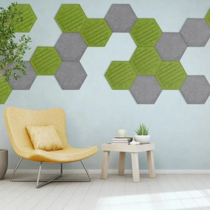 HEXA RIFT 3D Acoustic Felt Wall Panels composition of green and grey panels OLIVE Multipack Decormania UK