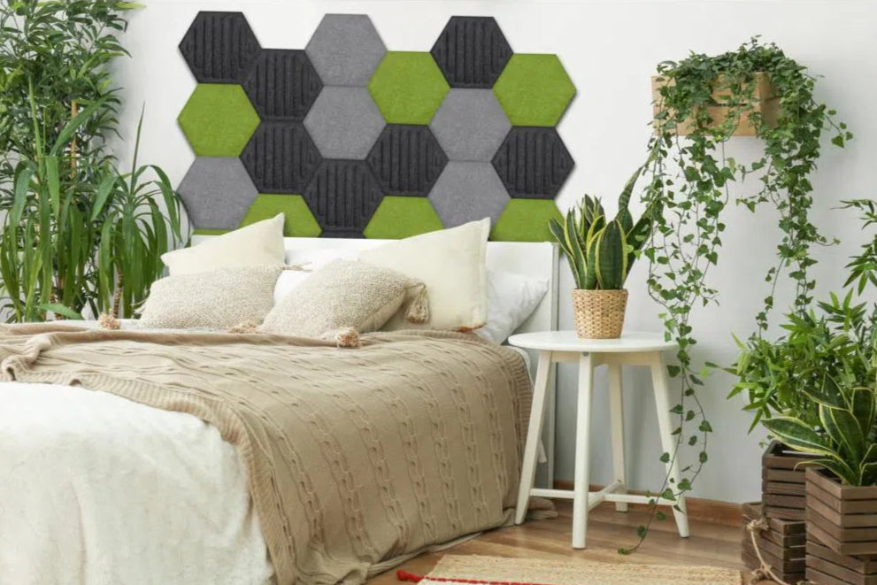 HEXA RIFT 3D Acoustic Felt Wall Panels in bedroom interior OLIVE Multipack Decormania UK