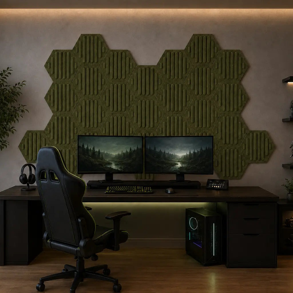 Olive HEXA RIFT 3D acoustic felt wall panels featured in a modern gaming room with a dual-monitor setup