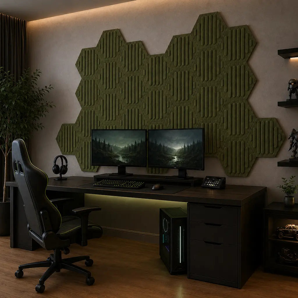 live HEXA RIFT 3D acoustic felt wall panels shown from a 45-degree angle in a modern gaming room