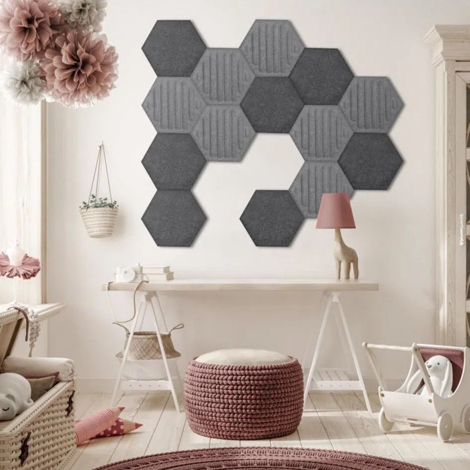 HEXA RIFT Acoustic 3D Felt Wall Panels in light pink interior GREY Multipack Decormania UK