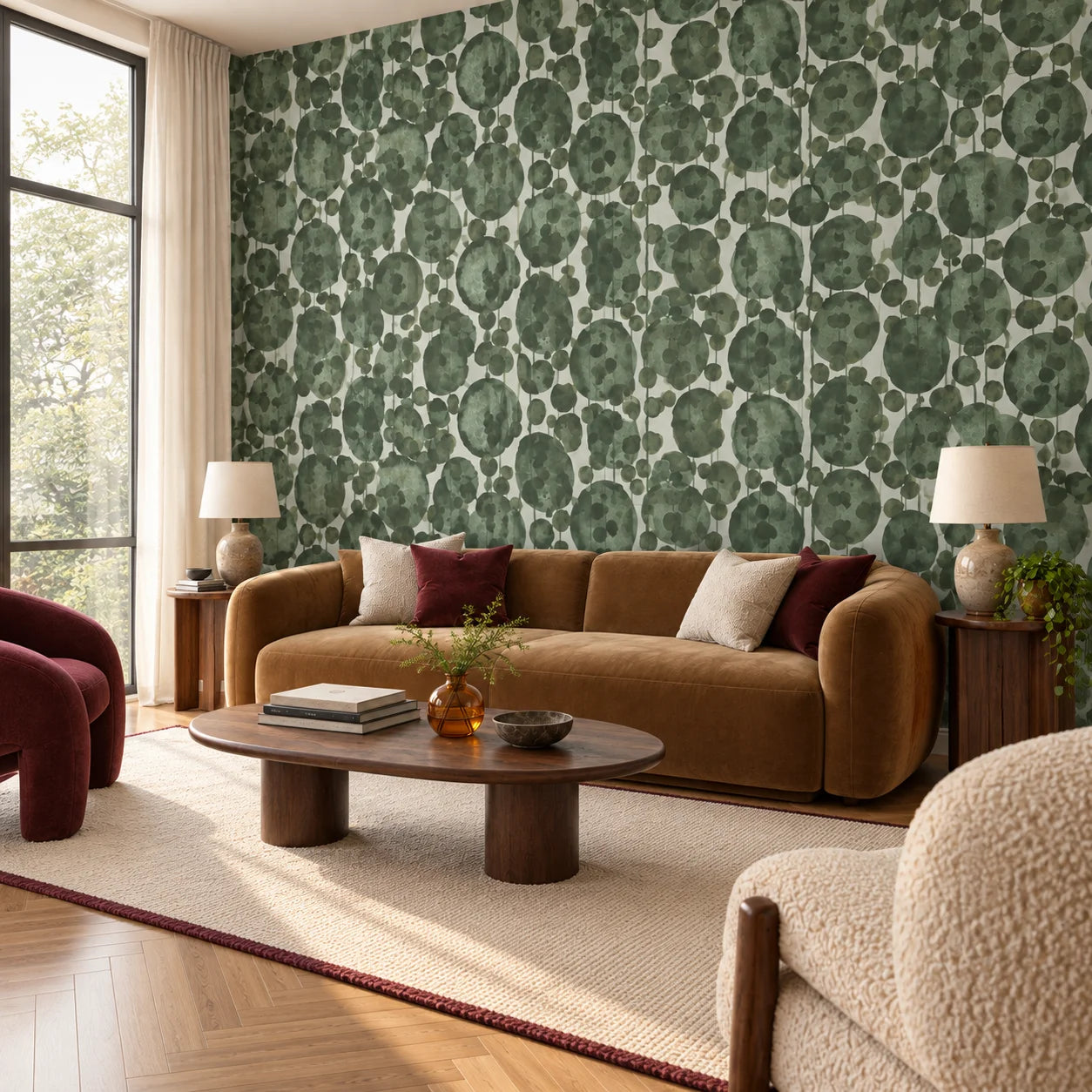 Hanging Plants mineral composite wall panels in a warm contemporary living room