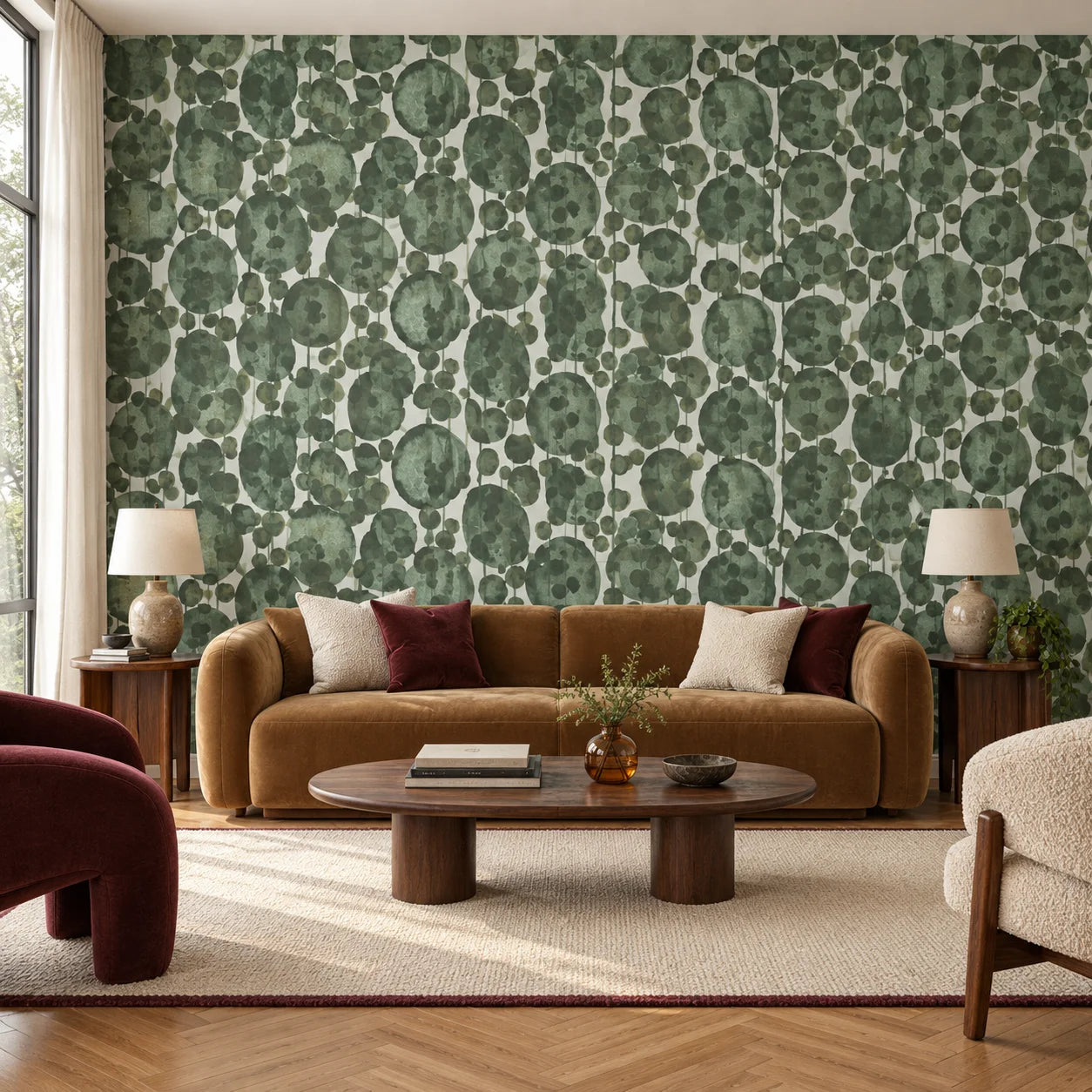 Hanging Plants decorative wall panels behind a brown sofa in a modern living room