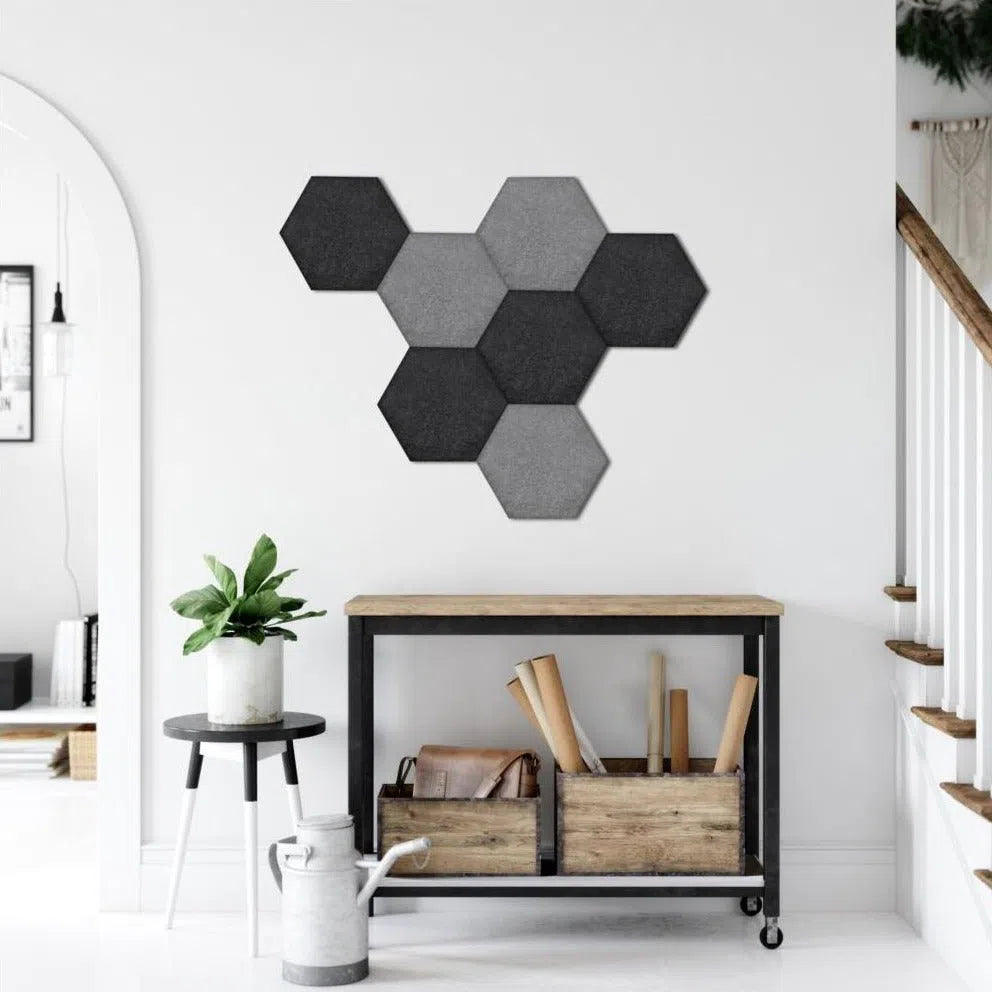 Hexa FLAT Acoustic Felt Wall Panels grey composition decor BLACK Multipack Decormania UK