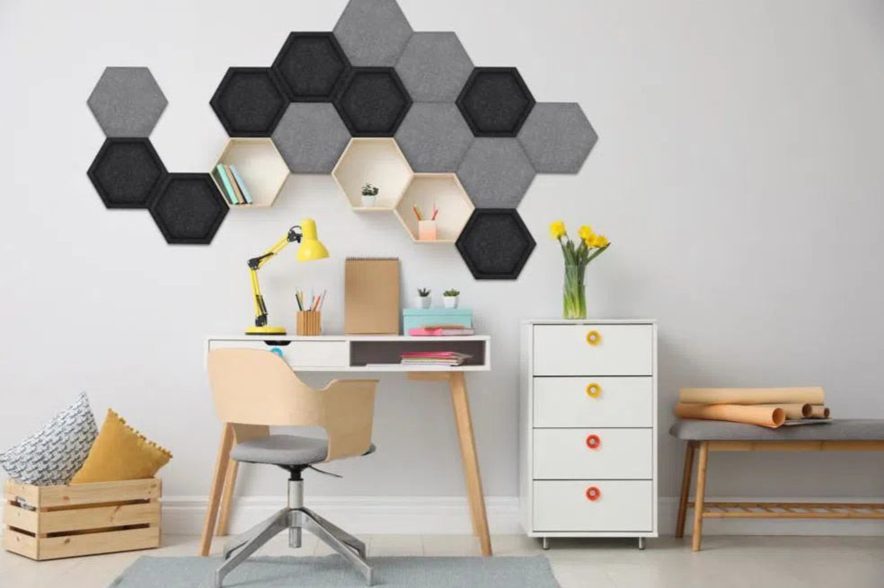 Hexa FLAT Acoustic Felt Wall Panels in office interior BLACK Multipack Decormania UK