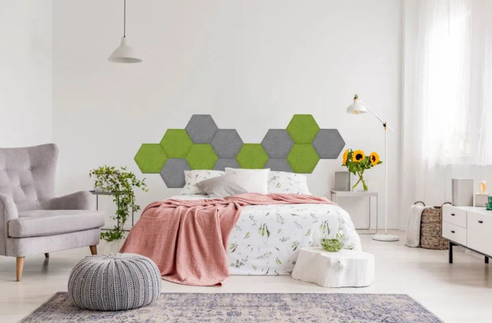 Hexa FLAT Acoustic Felt Wall Panels in light bedroom interior GREY Multipack Decormania UK