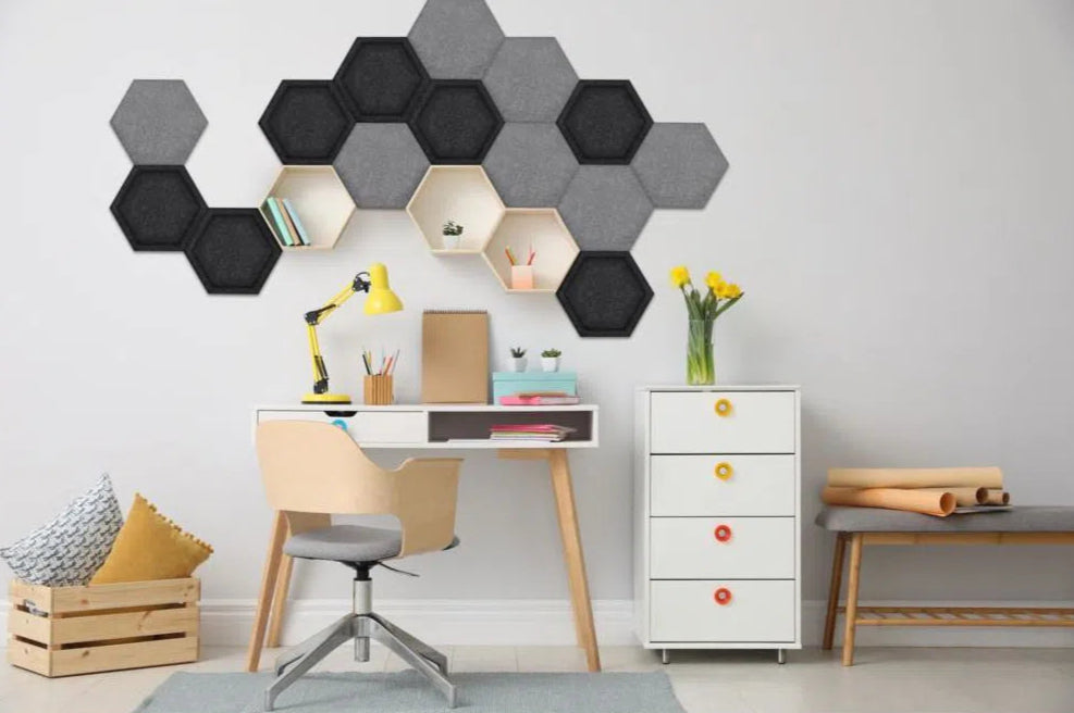 Hexa FLAT Acoustic Felt Wall Panels in office interior GREY Multipack Decormania UK