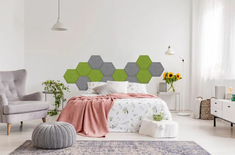 Hexa FLAT Acoustic Felt Wall Panels in sunny bedroom interior OLIVE Multipack Decormania UK