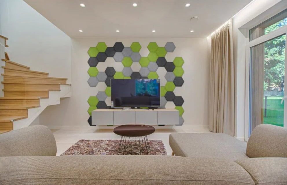 Hexa FLAT Acoustic Felt Wall Panels in living room interior OLIVE Multipack Decormania UK