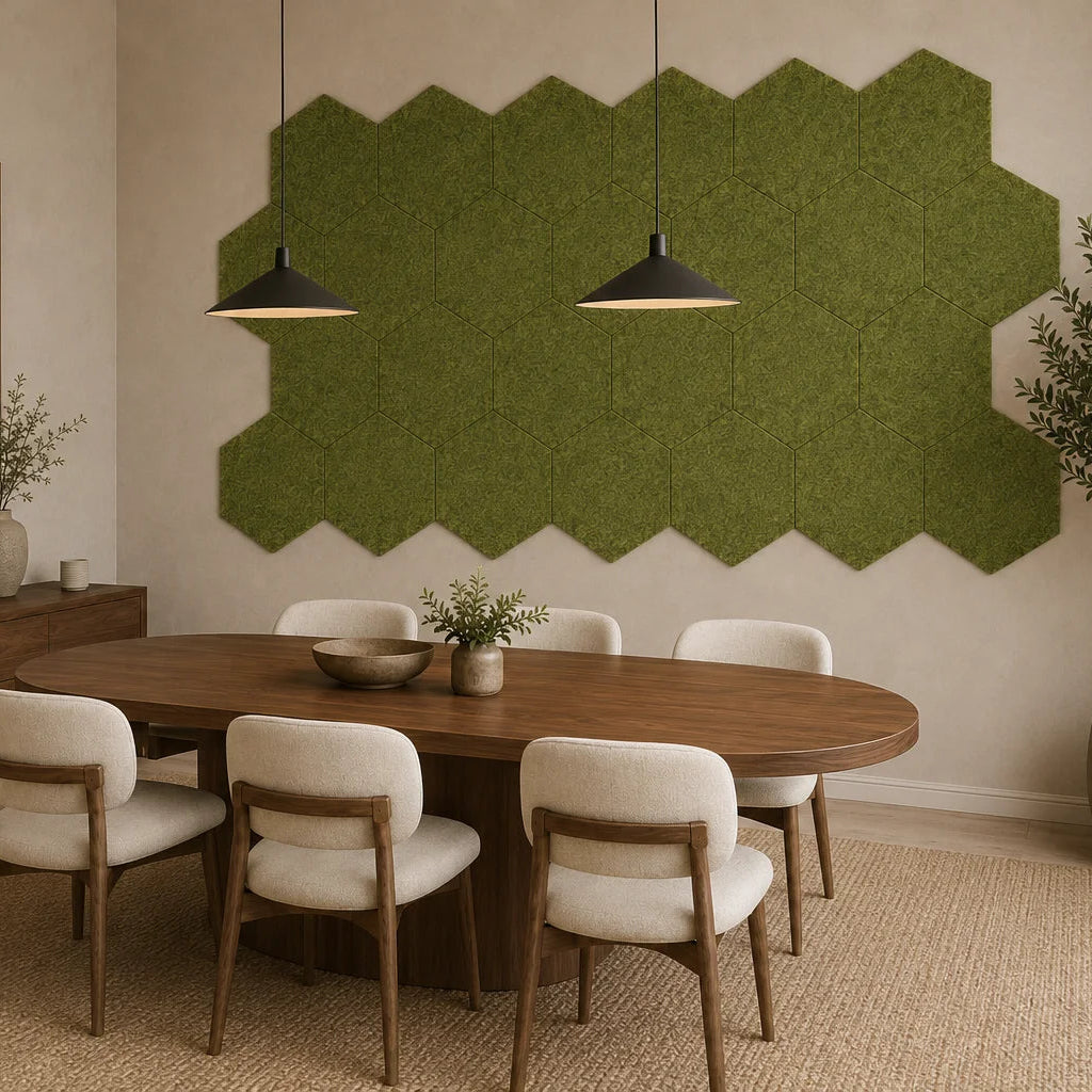 Angled view of olive hexagonal PET felt acoustic panels in a warm, contemporary dining room