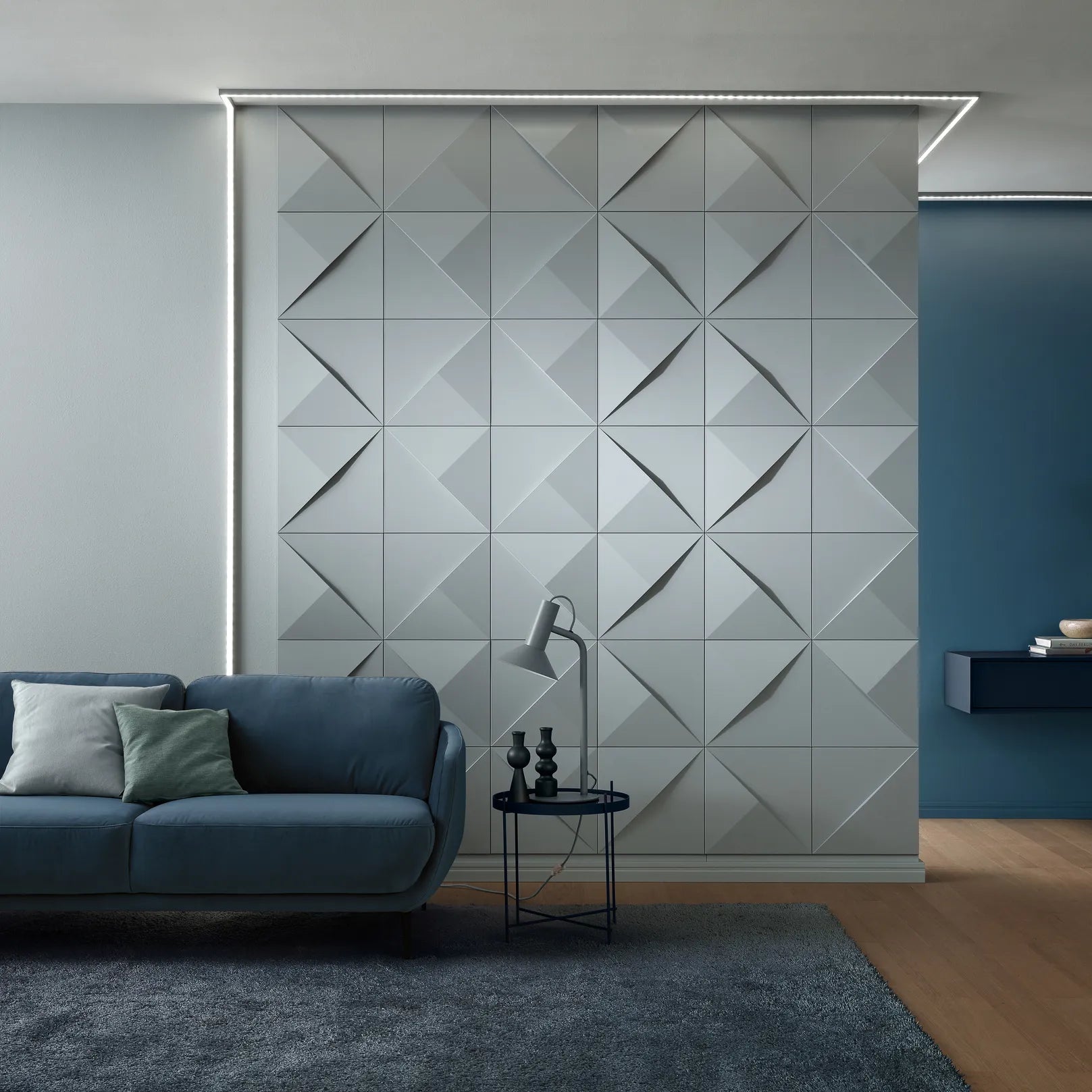 IL12 ARSTYL® 2m Ceiling Coving for LED Lighting installed in a stylish living room with ambient lighting | DecorMania UK
