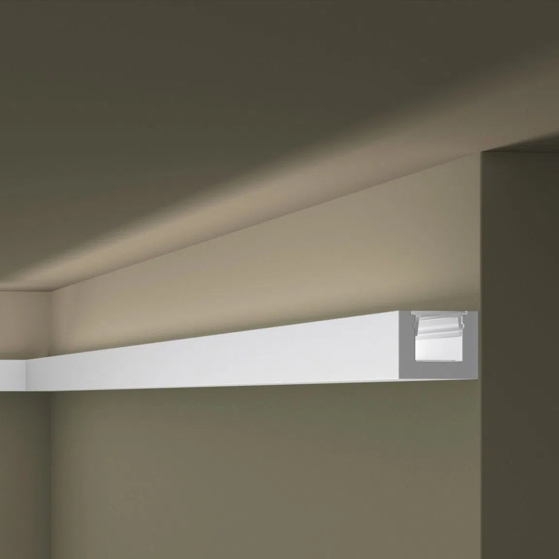 IL12 ARSTYL® 2m Ceiling Coving for LED Lighting mounted horizontally along the ceiling, creating a soft, indirect lighting effect on a grey wall | DecorMania UK
