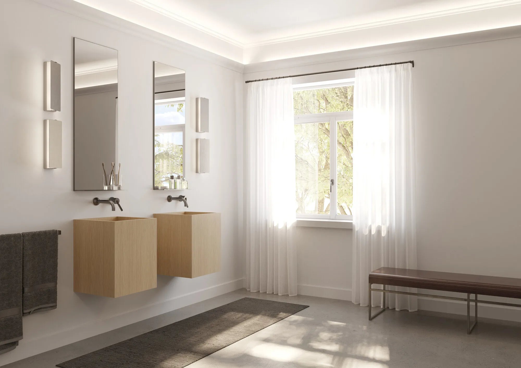 Close up view of IL13 WALLSTYL 2M Ceiling Coving for LED Lighting | showcasing the integrated LED space in a modern bathroom | DecorMania UK
