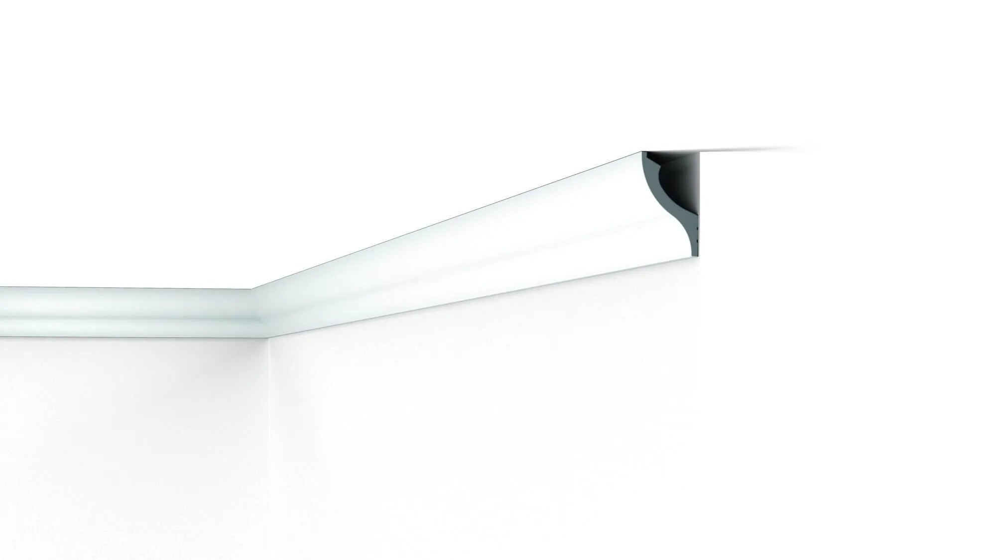 Close up view of IL13 WALLSTYL 2M Ceiling Coving for LED Lighting | highlighting the sleek design and LED channel on a white background | DecorMania UK
