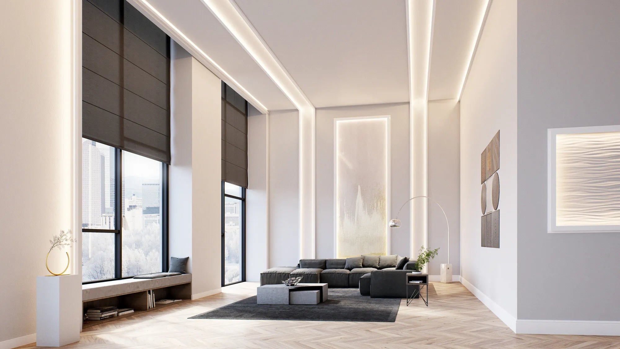 IL9 Memory ARSTYL 2M Ceiling Coving for LED Lighting in a room with large windows and modern furniture | DecorMania UK
