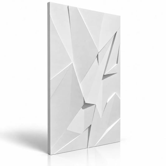 White Ice Queen 3D gypsum wall panel with sculptural angular relief on a white background with a soft shadow and reflection