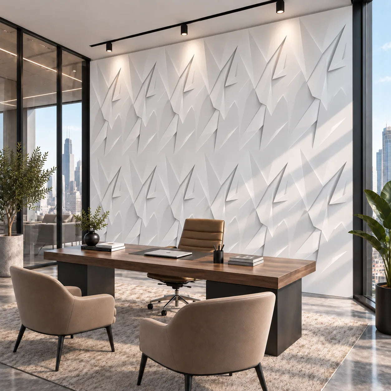 Angled view of white Ice Queen 3D gypsum wall panels in a modern office with city views