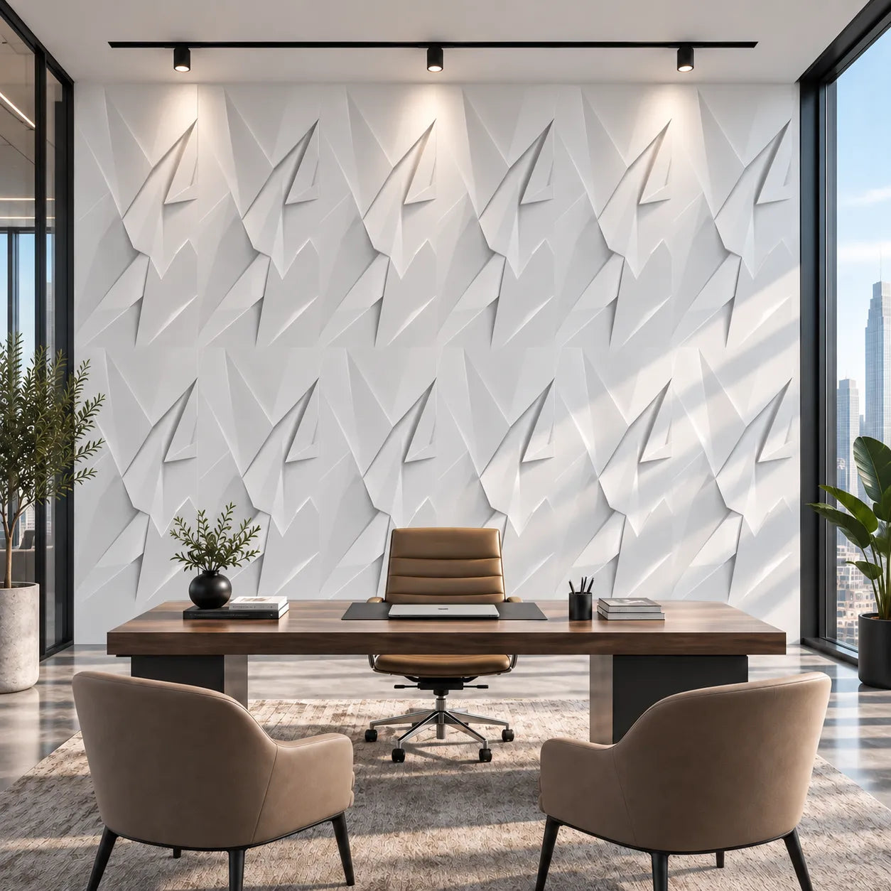 Front view of white Ice Queen 3D gypsum wall panels behind a wooden office desk with beige guest chairs