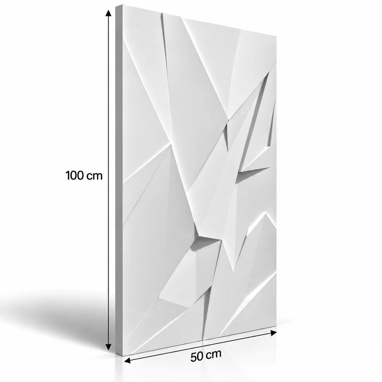 White Ice Queen 3D gypsum wall panel with dimension arrows showing 100 cm height and 50 cm width